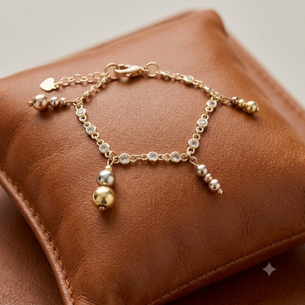 18k Gold Plated Brass cz Chain, Bezel Tri-Color Dangle Chain Bracelet
