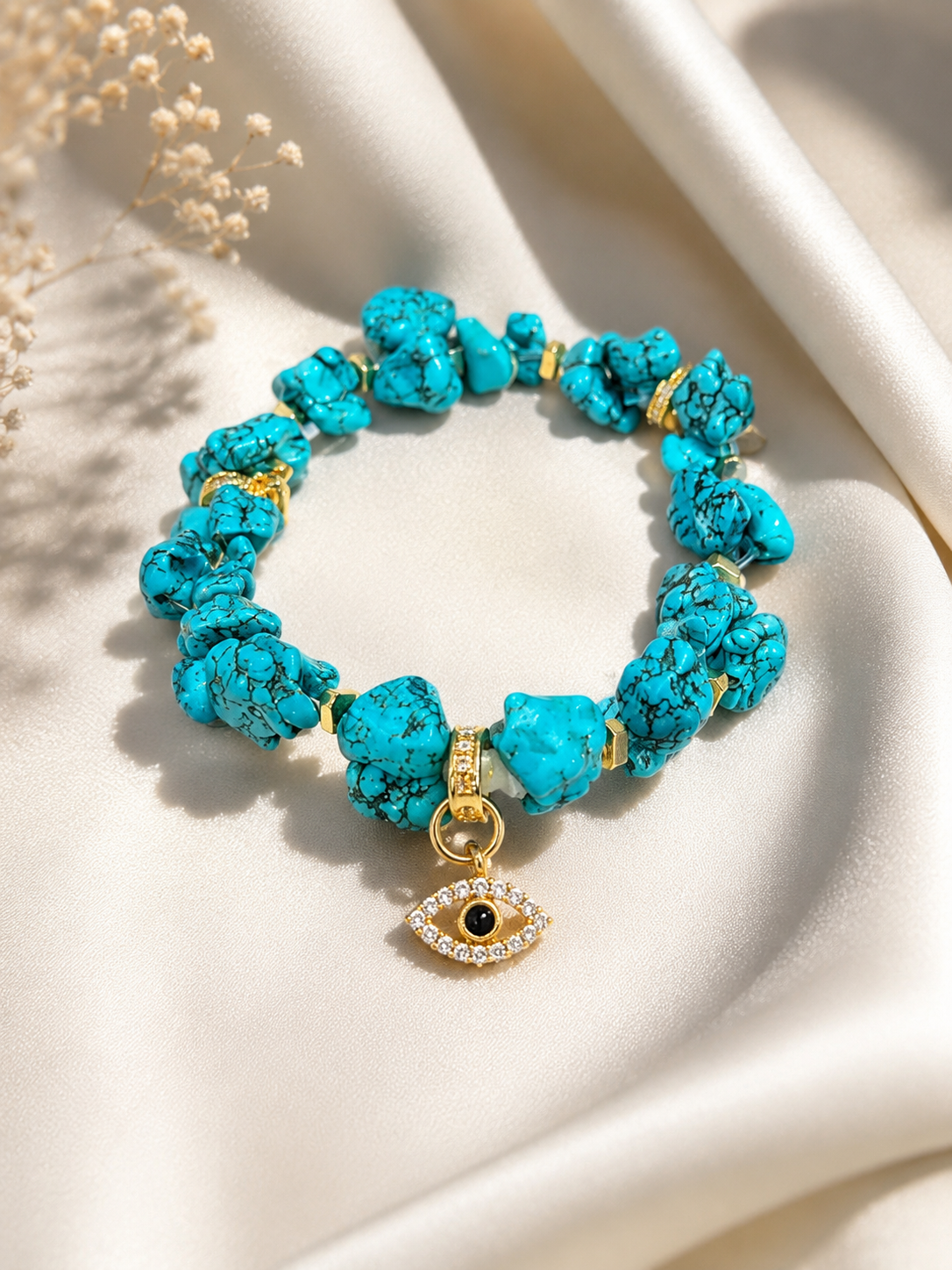 Chunky Bohemian Turquoise Gemstone Nugget Bracelet with Gold Pavé Evil Eye Charms