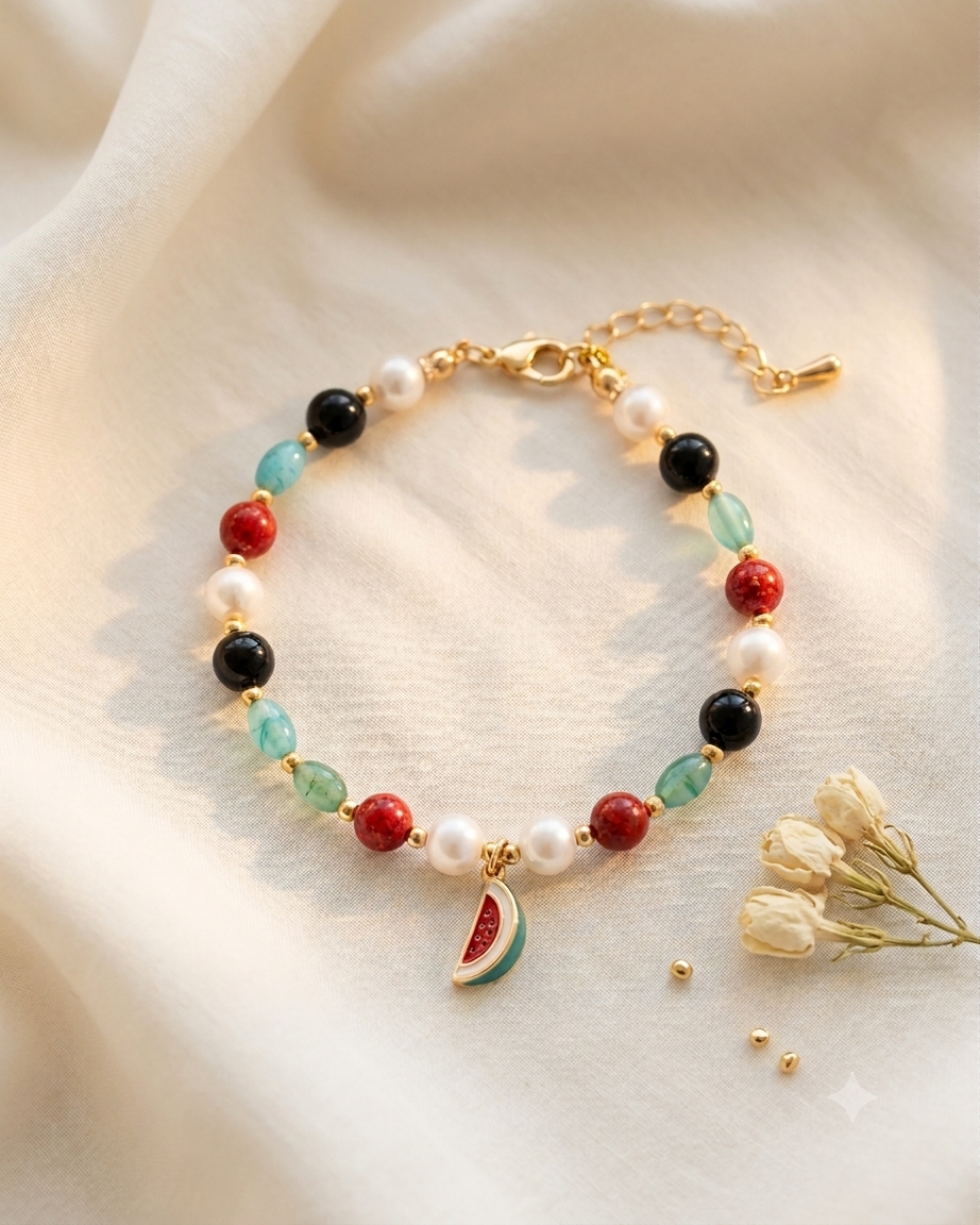 Watermelon Dangle Charm Adjustable Beaded Bracelet, Meaningful Palestine Symbol