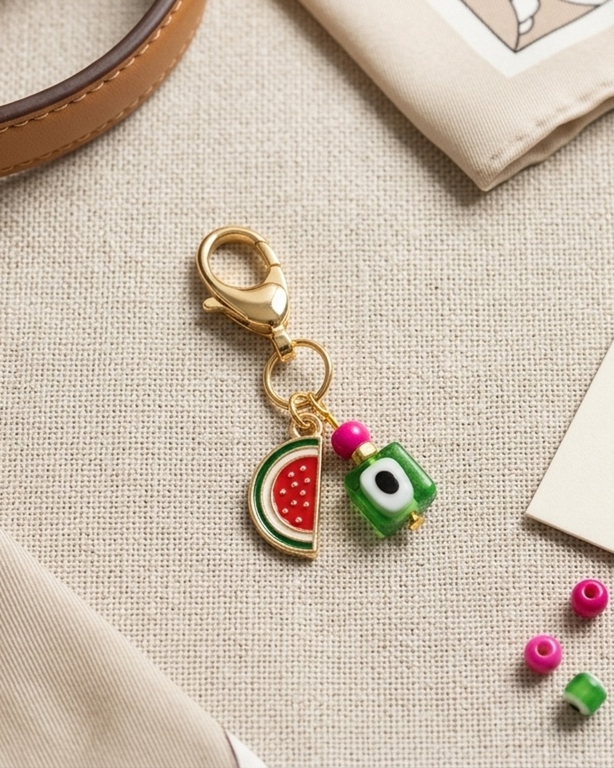 Watermelon Purse Charm Keychain, Beaded Handbag Accessory, Summer Fruit Bag Charm