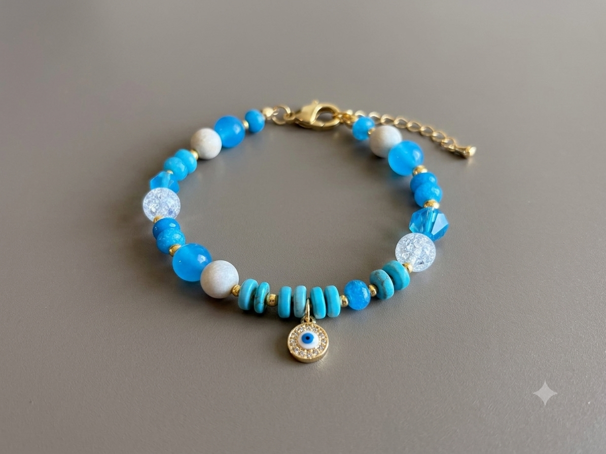 Handmade Gemstone Evil Eye Bracelet, Boho Protection Charm