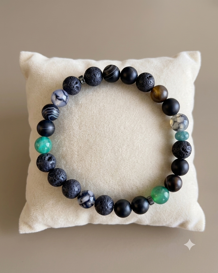 Men's Lava Stone, Black Onyx, Agate Beaded Bracelet, Grounding Chakra Protection