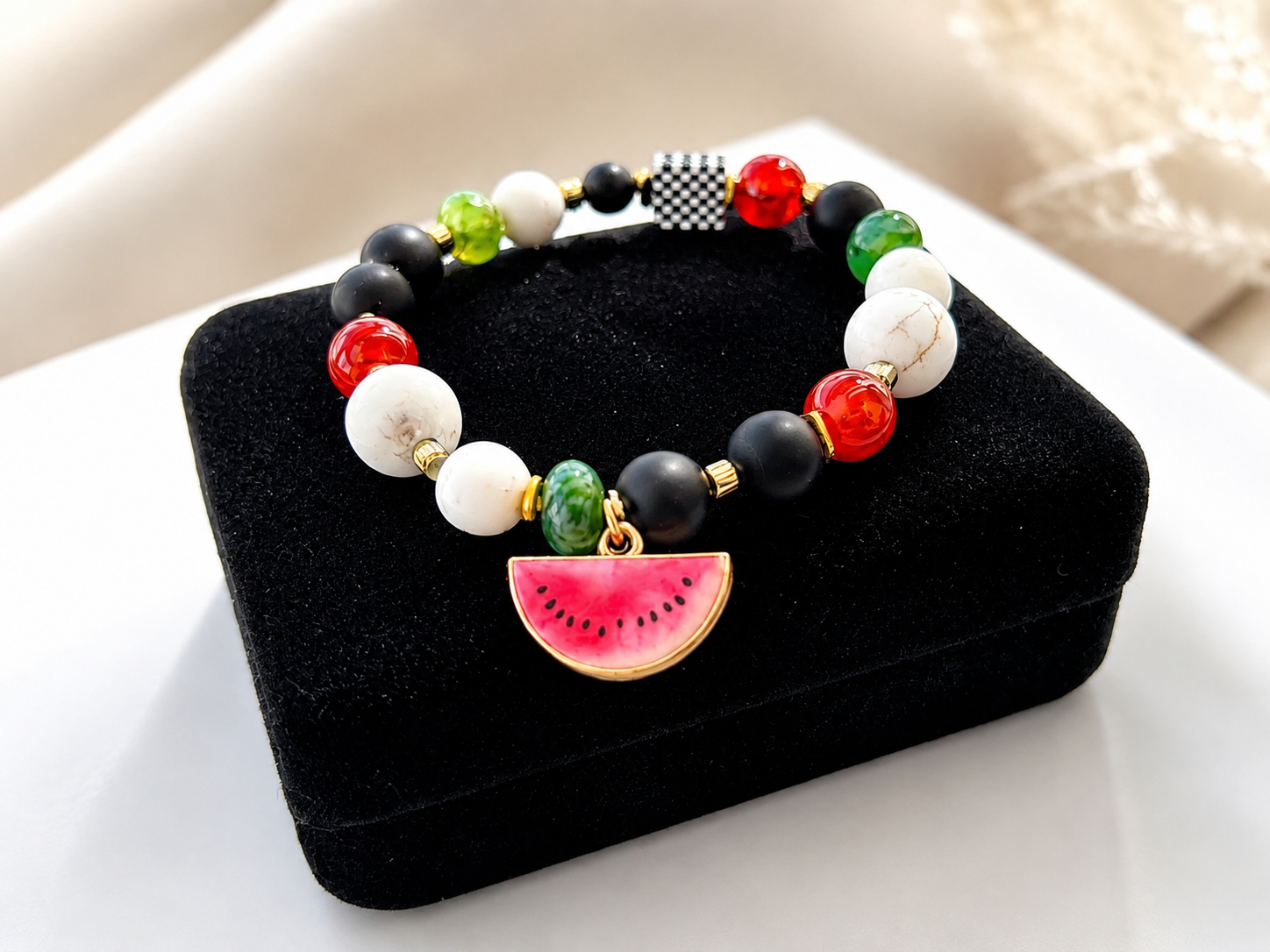 Palestinian Watermelon Charm Keffiyeh Stretch Bracelet