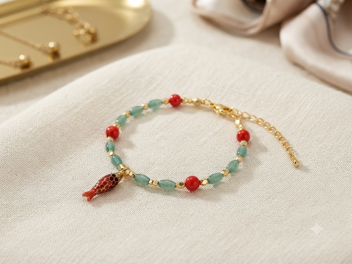 Handmade Koi Fish Charm Bracelet, Pisces Zodiac Sign, Asian-Inspired Gold Chain