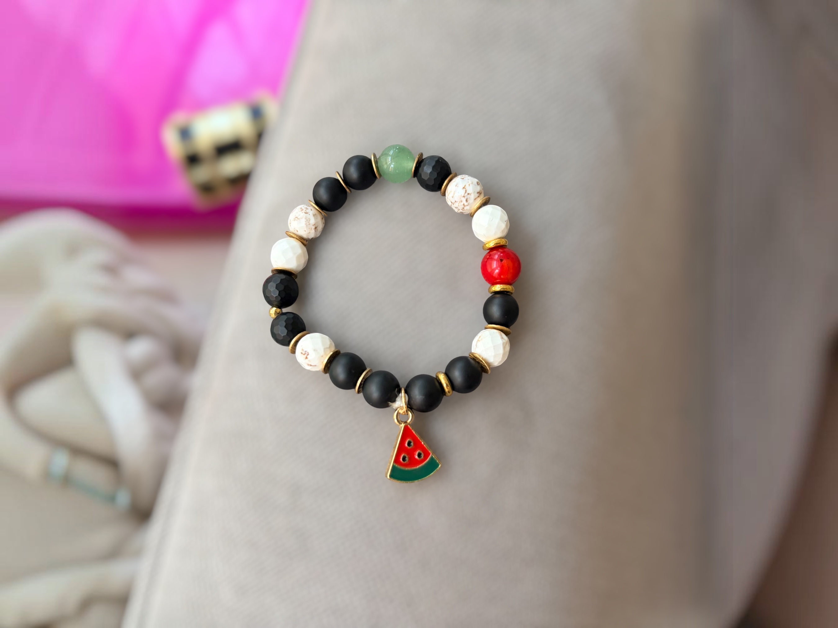 Palestinian Watermelon Unity Bracelet, Matte Black Onyx, Aventurine & White Turquoise, Handcrafted Symbolic Gemstone Jewelry